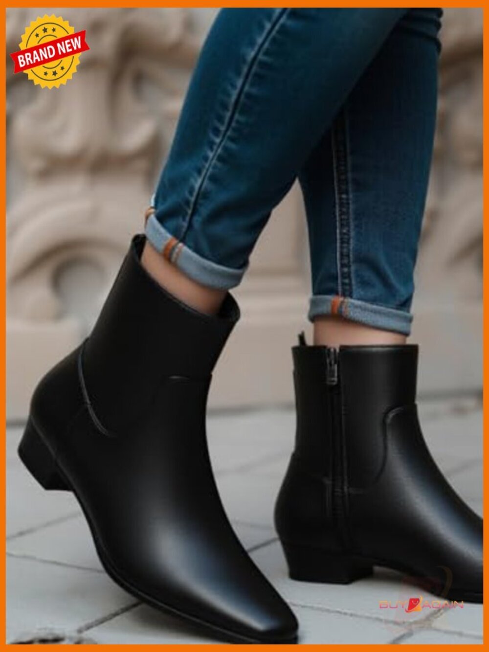 Leather Ankle Boots Square Toe Chunky Heel Side Zipper Dressy Fall Shoes - Picture 2 of 6